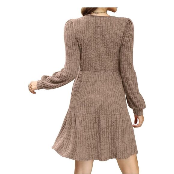 NEW Ribbed Square Neck Puff Sleeve Tie Waist Dress M - Picture 2 of 5